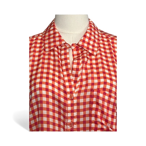 💖🧡 EUC GRAND & GREEN Pink & Orange Checkered Button-Down Blouse | Sz L - Picture 2 of 8